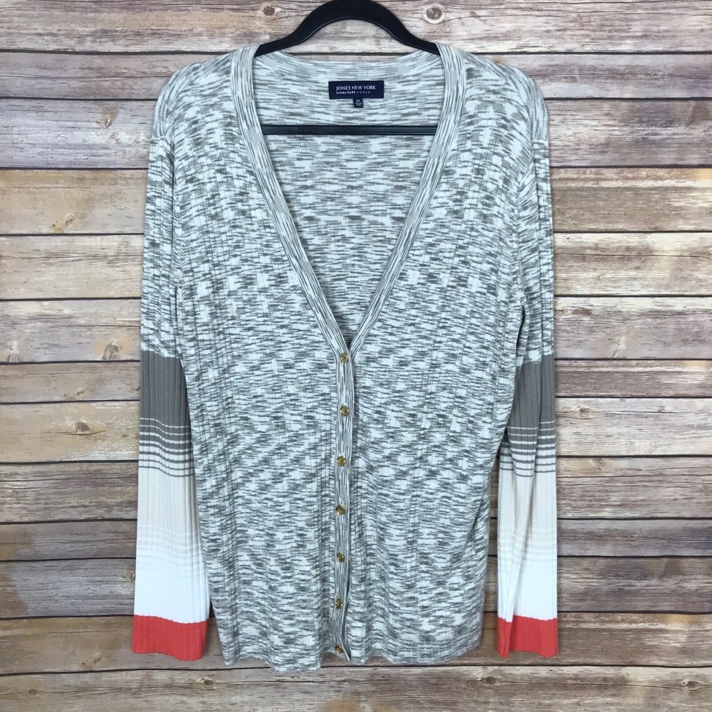 Jones New York Sweater Women 0X Beige White V-Neck Rib Knit Cardigan Long Sleeve